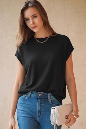 Arach&Cloz Womens Spring Summer Short Sleeve Oversized Sweaters Cashmere Lightweight Crew Neck Business Casual Clothing Work Blouse Tops Dressly Capsule Wardrobe Teacher Outfits Trendy Black XXL - Thumbnail 2