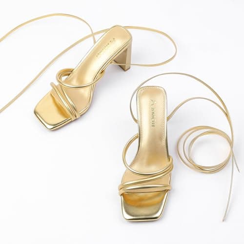 Amoji Women 3 Inch Strap Up Heels Lady Heeled Sandal Ankle Strappy Wedding Party Dressing Dress Shoes 331 Gold Heels Size 7 women - Thumbnail 6