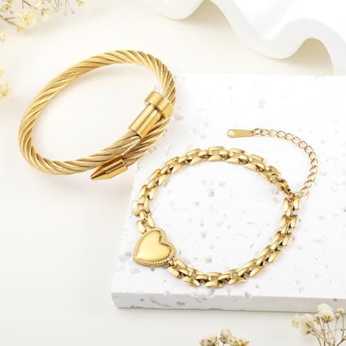 LCTrusttmor Gahna Heart Bracelets for Women, Stackable 18K Gold Plated Heart Charm with Adjustable Link Chain Set Trendy Jewelry Gifts - Thumbnail 5