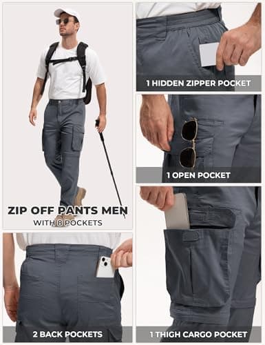 AOHIKE Lightweight Hiking Pants Men - Zip Off Convertible Cargo Pants Men for Fishing Travel Safari, Grey - Thumbnail 6