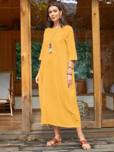 Celmia Women's Linen Dresses Caftans Cotton Kaftan Maxi Dress Loungewear with Pockets with Pockets Yellow Medium - Thumbnail 2