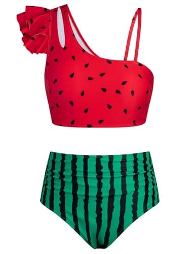 Seanrui Girls Kids Swimsuits 2 Piece Bikini Set with Swim Shorts High Waisted Bathing Suits Swimwear 6-7 Years Watermelon - Image 1