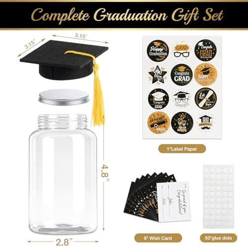 9 Pcs Graduation Centerpieces for Tables with LED Lights, Class of 2026 Graduation Tables Decorations, Mason Jar Style with String Lights, Caps, Note Cards, Stickers & Adhesive Spots (Black Gold) - Thumbnail 5