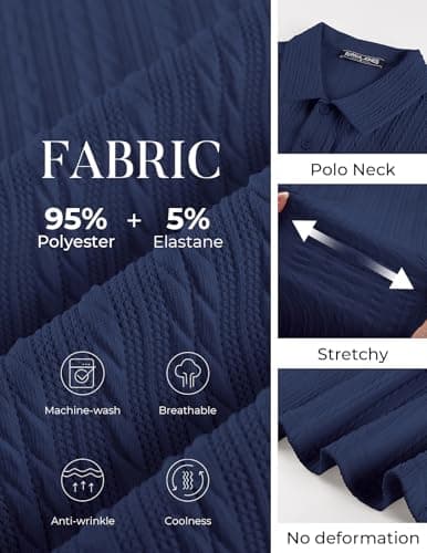 Mens Textured Polo Shirts Short Sleeve Classic Casual Collared Knit Polo Summer Golf Polo Shirts Navy Blue - Thumbnail 3