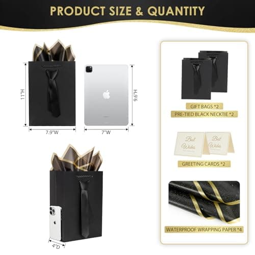 ALFEVA fathers day gift bags Graduation black gift bags with Handles and tie,2 Pcs mini gift bags with 2 Tissue Paper and 2 cards for Men Boys Birthday Party Wedding Gifts,(Small black/pink) - Thumbnail 2