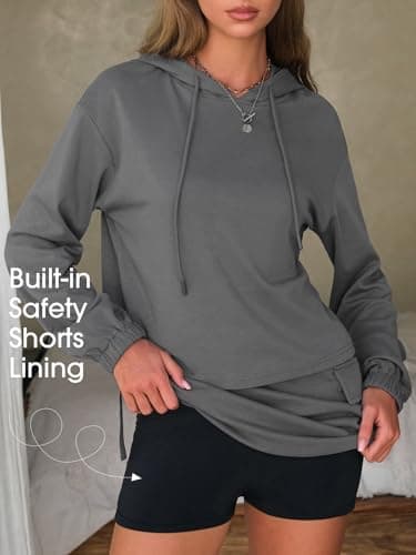 EXLURA Women Two Piece Set Cotton Sweatsuit Travel Airport Outfits 2026 Tracksuit Hooded Sweatshirt Cargo Skort Skirt Pockets - Thumbnail 5