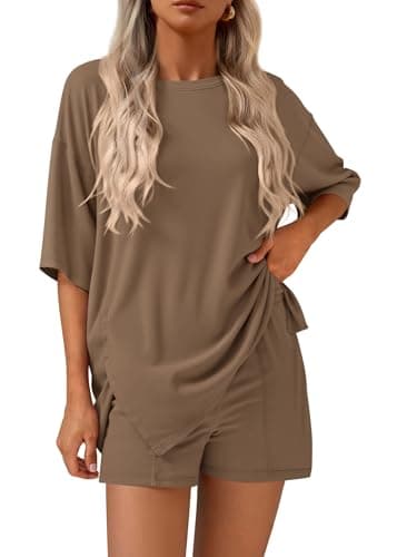 KIRUNDO 2 Piece Sets for Women Summer Lounge Sets Casual Oversized Tshirts Shorts Matching Airport Travel Outfits Postpartum(Dark Khaki, Medium) - Image 1