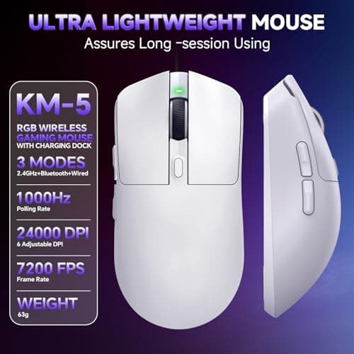 Wireless Gaming Mouse, Tri-Mode 2.4GHz/USB-C/Bluetooth Wireless Mouse with RGB Charging Dock, 24000 DPI, 60Hrs Battery, Ergonomic Lightweight Rechargeable Computer Mice Compatible with PC Mac Laptop - Thumbnail 3