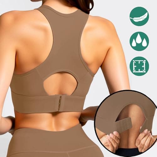 BaseTry Adjustable Strap Racerback Sports Bras for Women - Padded Seamless High Support Bra for Workout Gym Yoga Large Bust (US, Alpha, Small, Regular, Regular, Coffee) - Thumbnail 3