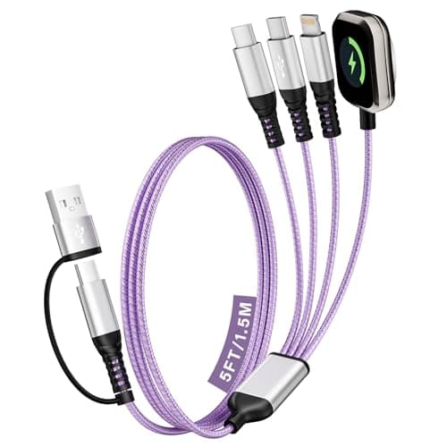Travel Essentials & Portable, Dual Type-C 4 in 2 Multi Charging Cable for Travel with Multi USB-C Devices, USB A/C with Dual USB C Cable/iWatch/IP, Work for iWatch Series, iPhone 17-8 (Purple, 5FT) - Image 1