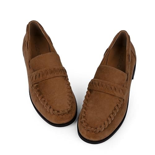 VIUGJNEX Suede Brown Caramel Loafers Women Dressy Penny Loafers Low Chunky Heel Slip-On Shoes for Women Business Casual Size 7 - Thumbnail 5