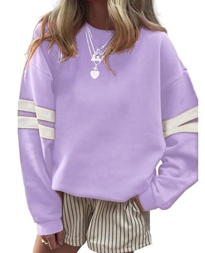 KevaMolly Women Varsity Striped Drop Shoulder Sweatshirt Light Purple L - Image 1