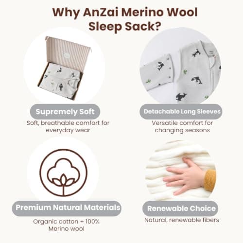 AnZai Merino Wool & Organic Cotton Toddler Sleep Sack with Feet – Removable Sleeves, Wearable Blanket with Legs (Grey Orca Dreams, 3-4 T) - Thumbnail 3