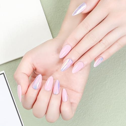 Acrylic Press On Nails Almond - Iridescent Pink Glow False Nails Elegant Durable Salon Quality for Work or Date, 24 Nails in 12 Sizes with Glue, Tabs, File, Prep Pad, Stick - Thumbnail 2