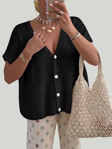 PRETTYGARDEN Button Up Lightweight Short Sleeve Cardigans for Women Trendy 2026 Casual Knit Open Front Maternity Clothes (Black, XX-Large) - Thumbnail 3