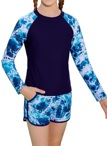 Alakuoti Girls Rash Guard Swimsuit Two Piece Bathing Suit UPF 50+ Sun Protection Long Sleeve Swimwear Size 12 Blue Ocean - Image 1