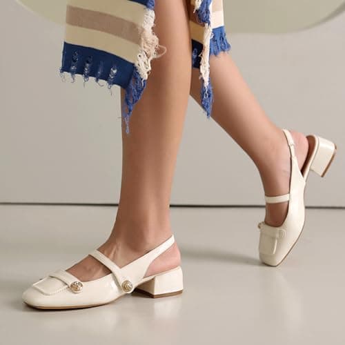 White Slingback Mary Jane Heels for Women Low Block Heel Closed Square Toe Pump Shoes Heels Classic Daily Office Dressy Shoes White Size 10 - Thumbnail 5