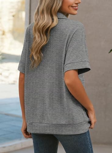 Dokotoo Spring Summer Tops for Women 2025 Button Down Short Sleeve Shirts for Women Lapel V Neck Oversized Shirts Ladies Tops and Blouses Solid Tunic Tops for Women Loose Fit Dressy Grey Shirts M - Thumbnail 2
