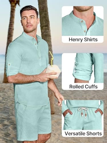 JEMLDL Men's 2 Piece 2 in 1 Linen Cotton Set Casual Long Sleeve Cuban Henley Shirt & Shorts Summer Vacation Outfits Light Green 3XL - Thumbnail 2