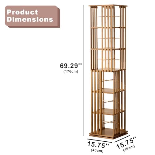 Bamboo Rotating Bookshelf Tower, 360° Spinning Bookcase, 6-Tier Narrow Floor Standing Storage Rack for Corner, Office, Room,Brown - Thumbnail 3