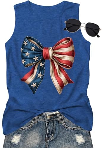 Vrytw 4th of July Bow Tank Top Women-USA Bow Sleeveless Shirt Patriotic Tank Top Cute American Flag Tee Top - Image 1