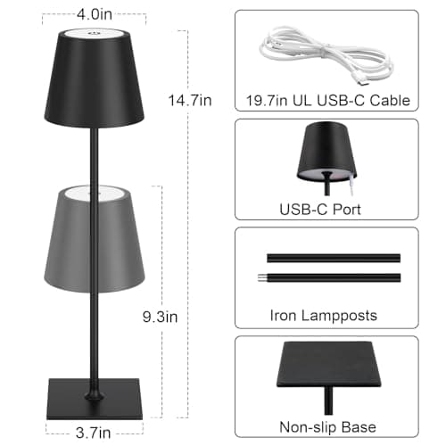 Kakanuo Cordless Rechargeable Table Lamp Black 5000mAh Battery Operated Lamps, 3 Colors Stepless Dimming Touch Lamp for Living Room, Kitchen Counter, Dining, Outdoor Patio, 2 Pack - Thumbnail 5