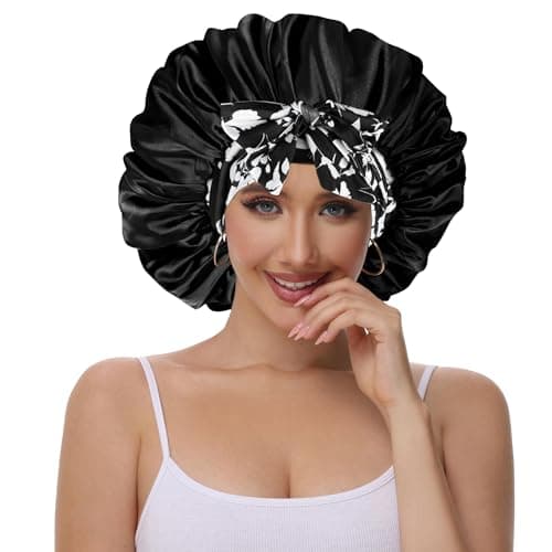 Vettres Hair Bonnet for Sleeping Satin Lined Sleep Cap Double Layer Silk Head Wrap for Curly Natural Hair Black Flower - Thumbnail 2