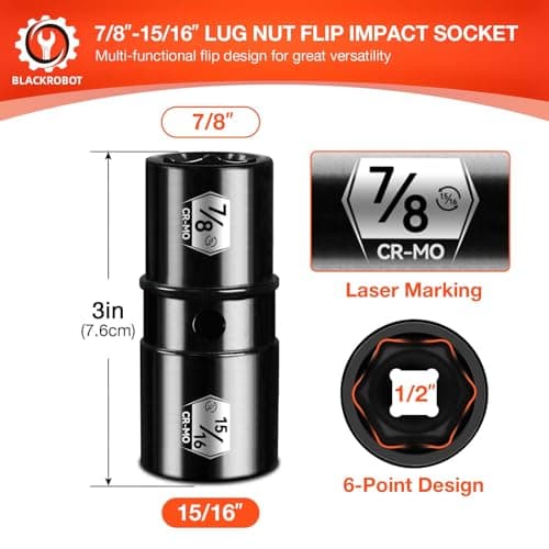 BLACKROBOT 1/2" Drive Impact Lug Nut Socket Set, 7/8" x 15/16" Impact Socket Set, CR-MO, 6-Point, Electroplated Surface for Auto Repair - Thumbnail 2
