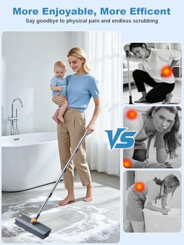 Floor Scrub Brush with Long Handle, 4 in 1 Shower Scrubber with Floor Squeegee and Heavy-Duty Stiff Bristle Push Broom for Cleaning Shower Bathroom Patio Pool Kitchen Wall Deck Tile Garage - Thumbnail 2