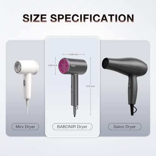 BABONIR Hair Dryer with Diffuser for Women, 1875W Fast Drying Ionic Blow Dryer for Home Use, Lightweight Foldable Hairdryer with Concentrator Nozzle, 3 Heat 2 Speed Settings, Gray - Thumbnail 4