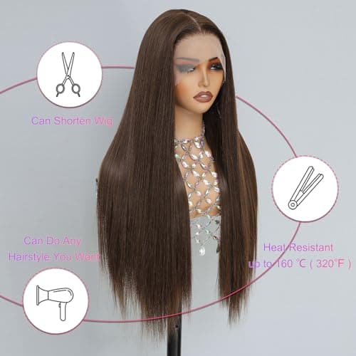 Barbique Chocolate Brown Synthetic Lace Front Wig, 13x6 Hd Lace Wig Glueless Synthetic Heat Resistant Long Straight Brown Wig Deep Parting with Baby Hair 26 Inch Suitable For Everyday Wear - Thumbnail 3