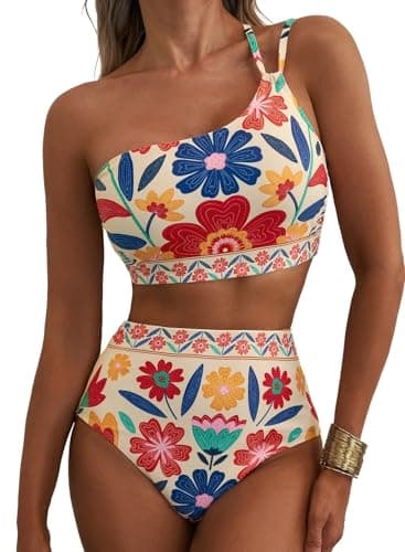 Herseas Women's 2 Piece Bikini Sets One Shoulder Swim Suit High Waisted Removable Padded Wire Free High Rise Bathing Suits Classic Vacation Essentials Multicolor Floral Large - Image 1