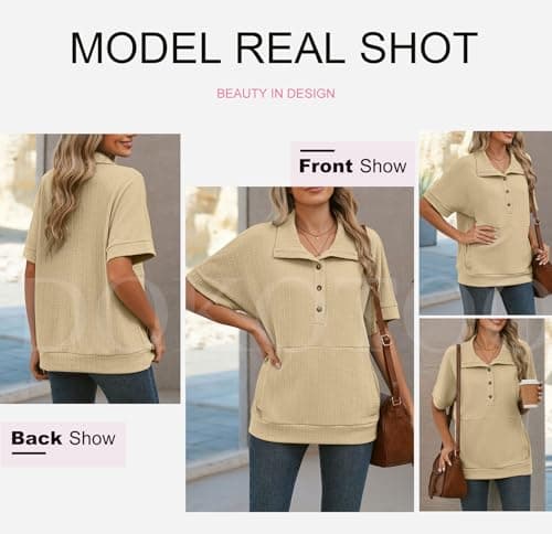 Dokotoo Womens Summer Tops Button Down Short Sleeve Shirts for Women V Neck Casual Solid Shirt Ladies Tops and Blouses Tunics or Tops to Wear with Leggings Women's Clothing Apricot Blouses for Women S - Thumbnail 5