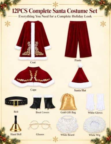 ACH Santa Suit for Men Santa Claus Costume Adult 12pcs Professional Deluxe Velvet Santa Outfit Christmas Holiday Party Cosplay Set XL - Thumbnail 4
