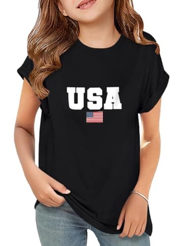 ZDC Girls USA 4th of July Short Sleeve T Shirts Kids Crewneck Curve Hem Soft Tunic Tops Summer Tees 5-14 Years - Image 1