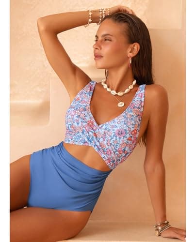 GRAPENT Womens Swimsuit Swim Suit Modest Swimsuits Cutout One Piece Women Bathing Suits Floral Wear One Piece Swimsuit Women, Mykonos Blue Pink Floral, XL, US Size 16 to 18 - Thumbnail 4