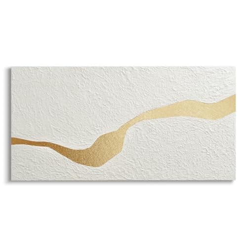 JUHOME Abstract Wall Art – Original Hand-Painted White Textured Canvas with Gold Line, 24x48 In Modern Minimalist Horizontal Oil Painting Artwork for Living Room Bedroom Office Wall Decor - Image 1