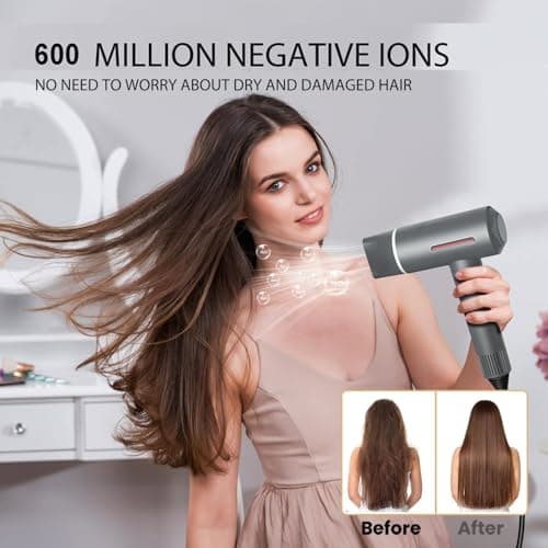 Hyper-Speed Hair Dryer, 180,000 RPM Brushless Motor for 1min Fast Drying, Dual Voltage Travel Blow Dryer with Diffuser & Concentrator, 600M Negative Ions for Frizz-Free Shine, HD Screen, Gunmetal - Thumbnail 5