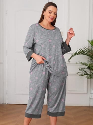 AusLook Women’s Plus Size Pajama Sets Printed 3/4 Sleeve Nightwear Top and Capri Pants 2 Piece Lounge Set with Pockets - Thumbnail 5