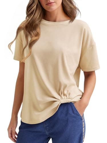 Cicy Bell Womens Summer Short Sleeve Tops Casual Crew Neck T-Shirts Loose Fit Twist Front Basic Tees Beige - Image 1