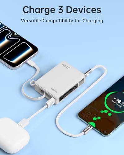 Hichain Power Bank with Built in Cable, Fast Charging 10000mAh Powerbank Portable Charger Battery Pack, Cell Phone Portable Power Banks for iPhone 17 16 Galaxy Android - White - Thumbnail 6
