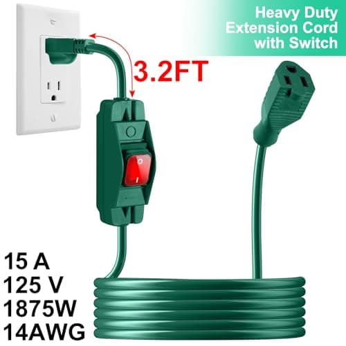 Makevivi Outdoor Waterproof On/Off Switch Extension Cord, Heavy Duty 125v/250v Black SJTW Cord (10 Ft, Green) - Thumbnail 4