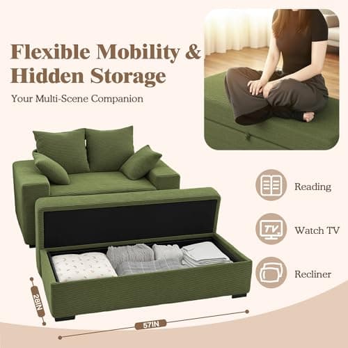 Indoor Chaise Lounge Chair with Storage Ottoman, Modern 60-Inch Lounge Sofa Chair with Wide Armrests & 4 Pillows, Oversized Comfy Reading Lounger for Living Room, Bedroom（Medium-Rib Corduroy Green） - Thumbnail 2