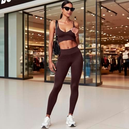 BaseTry Womens Yoga Pants Seamless Mid High Waisted Tummy Control Butt Lifting Workout Leggings for Women Running (US, Alpha, Large, Regular, Regular, Coffee) - Thumbnail 3