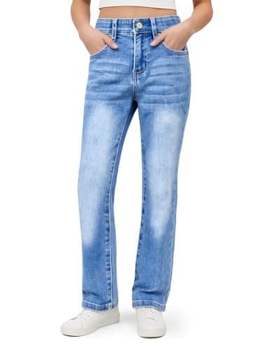 PATPAT Girls Bootcut Jeans Size 5, Light Blue, Elastic Waist Jeans with Pockets Straight Leg Pants 5T - Image 1