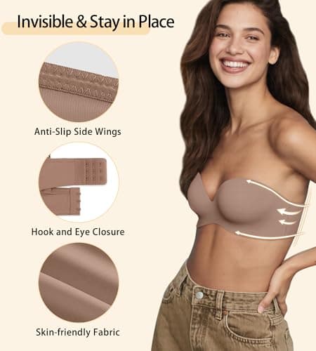 ZYQEXA Strapless Push Up Bras for Women - Underwire Supportive Plunge Convertible Halter Racerback Bralette Full Coverage Seamless Non Slip Workout Sexy Tshirt Invisible Bra, Coffee, 36D - Thumbnail 4