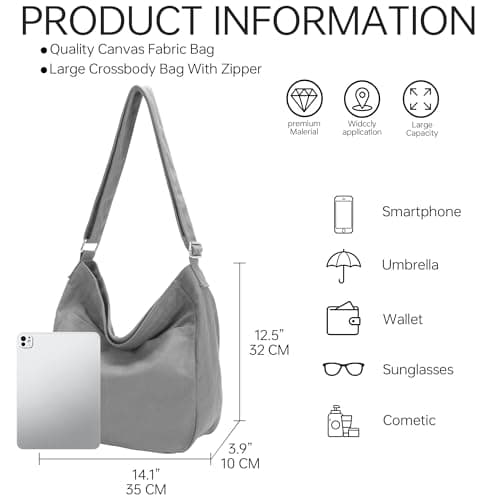 GEMIU Canvas Hobo Bags for Women and Men Big Crossbody Tote Bag with Muti-pockets and Zipper Travel Work - Thumbnail 4