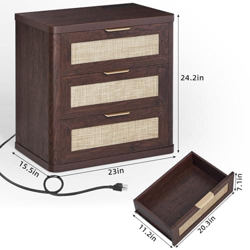 LEYAOYAO Rattan Night Stand Set of 2 with Charger Station, 23" Large 3 Drawer Boho Nightstand, Walnut Bedside Table Storage Cabinet, Bed Side End Tables for Bedroom, Living Room, Hallway - Thumbnail 3