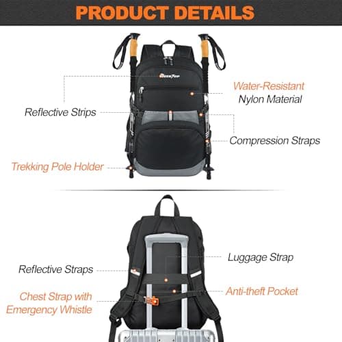 Seektop Lightweight Travel Backpack for Men Women, Multiple Pockets 40L Hiking Backpack Foldable Carry on Backpack for Outdoor Camping Sport Leisure (Black) - Thumbnail 5