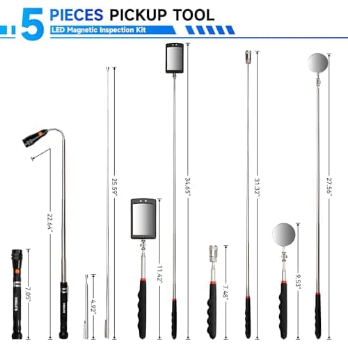 Dad Gifts, 5Pcs Telescoping Magnetic Pick Up Tool Set, with 1lb &15lb Pick-up Rod, 360° Square & Circle Swivel Adjustable Inspection Mirror and LED Flashlight, Birthday Gifts for Men, Dad - Thumbnail 2